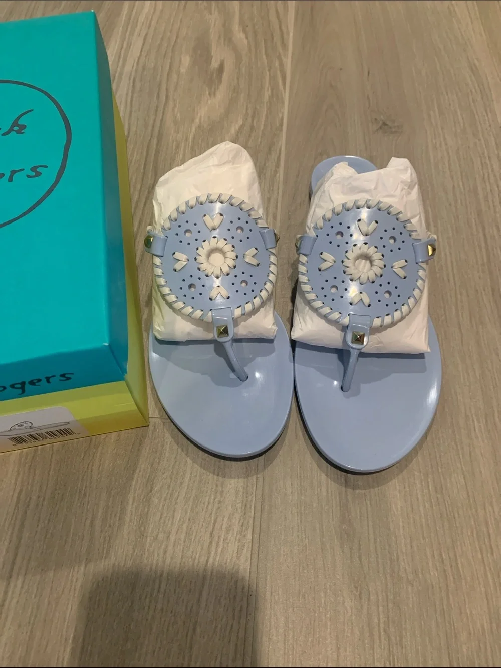 Jack Rogers Pale Blue Jelly Thong Sandals with Medallion